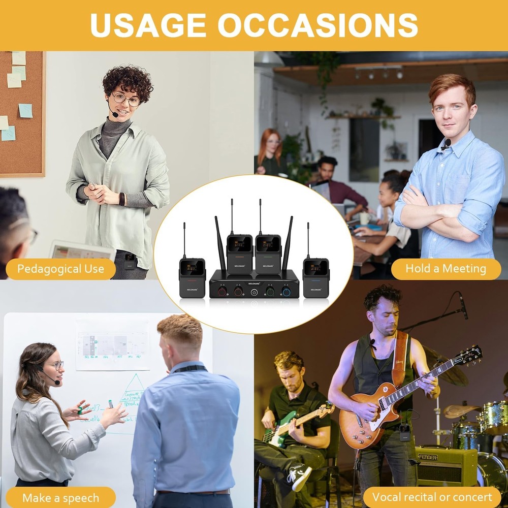 MELONARE 4-Channel Wireless Microphone System,UHF Compact Cordless Mic Set w/...