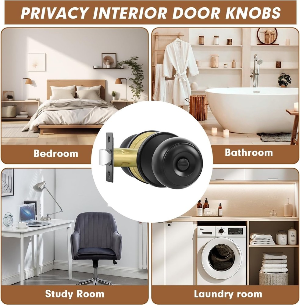 Privacy Door Knobs, 2 Pack Matte Black Door Knobs with Lock, Bed and Bath Door