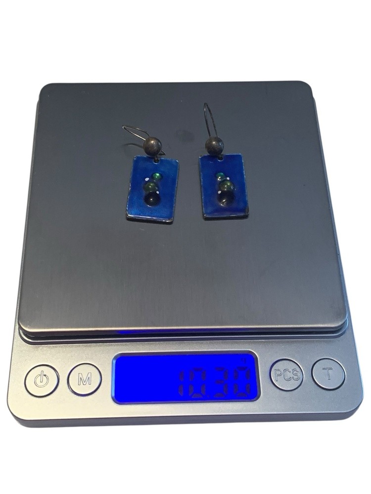 Handmade Blue Green Bubble Accent Rectangular Enamel Dangle Earrings