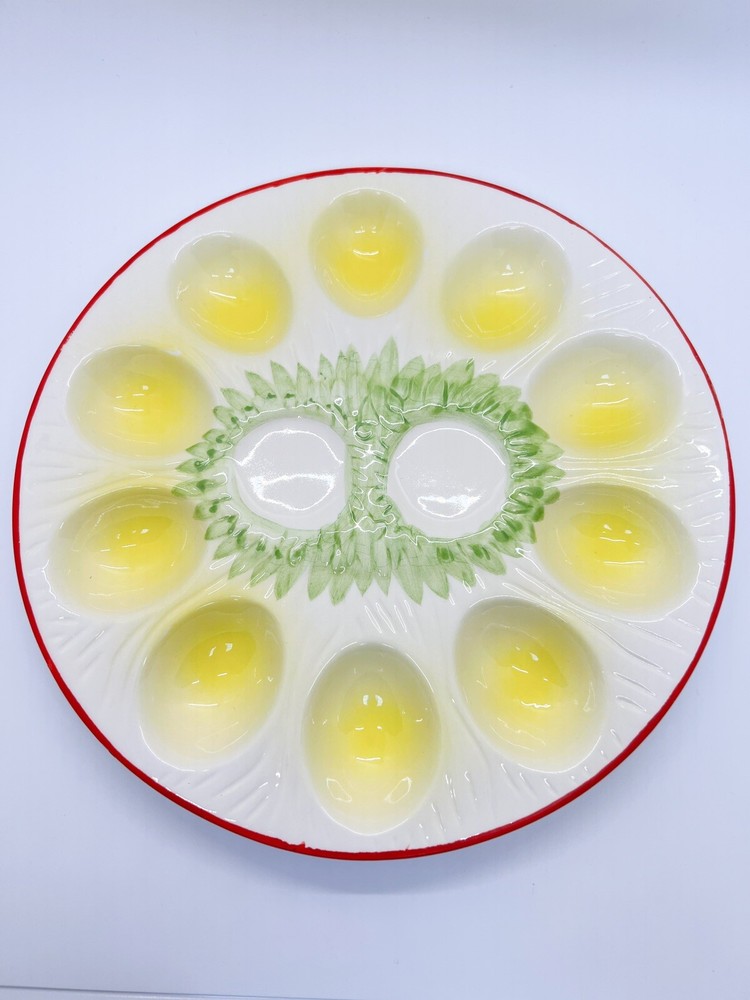 Vintage Ceramic ?Enesco Easter deviled eggs platter round, green/yellow/red 9”