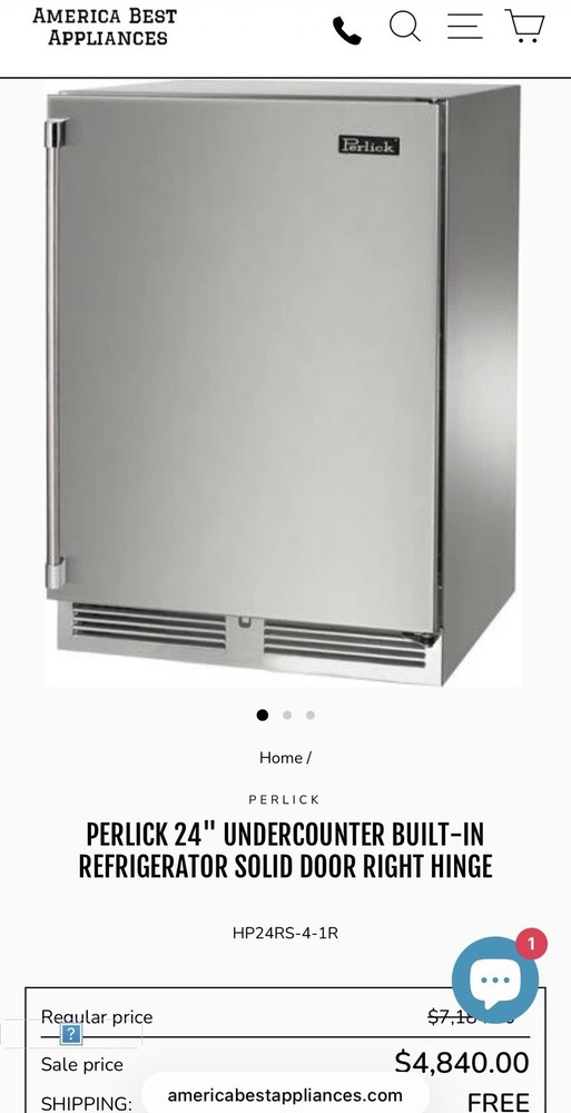 PERLICK 24" UNDERCOUNTER BUILT-IN REFRIGERATOR SOLID DOOR RIGHT HINGE Hp24rs