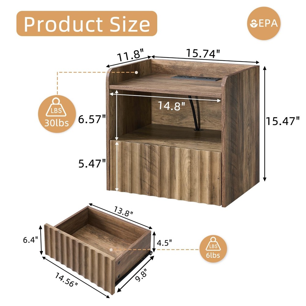 Modern Fluted Floating Nightstand Wall Mounted - Bedside Table with Storage D...