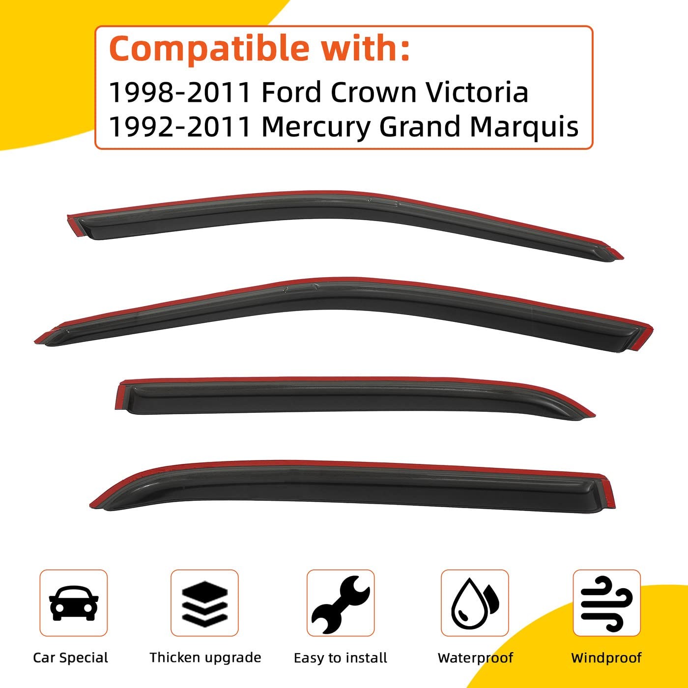 Rain Guards Compatible with 1998-2011 Ford Crown Victoria, 1992-2011 Mercury