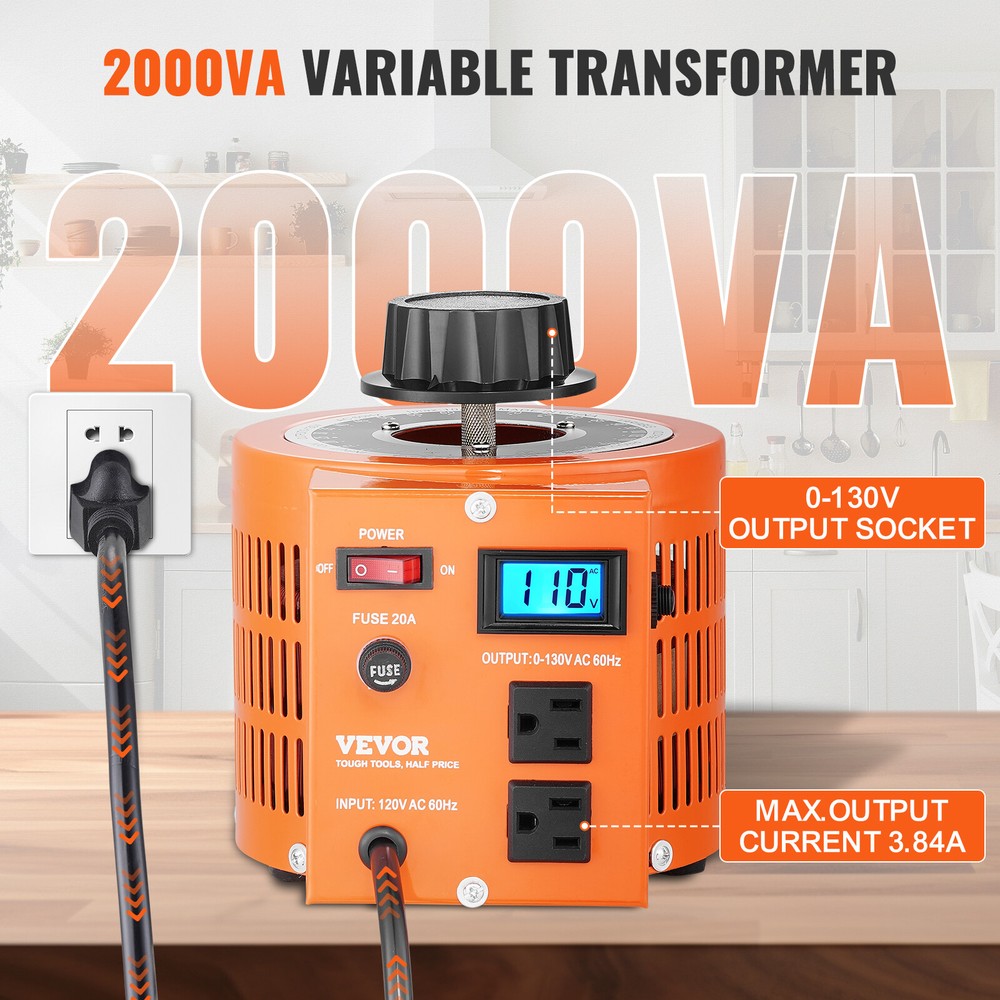 VEVOR 2000VA Variable Voltage Transformer 15.3A 0-130V Voltage Regulator LCD UL