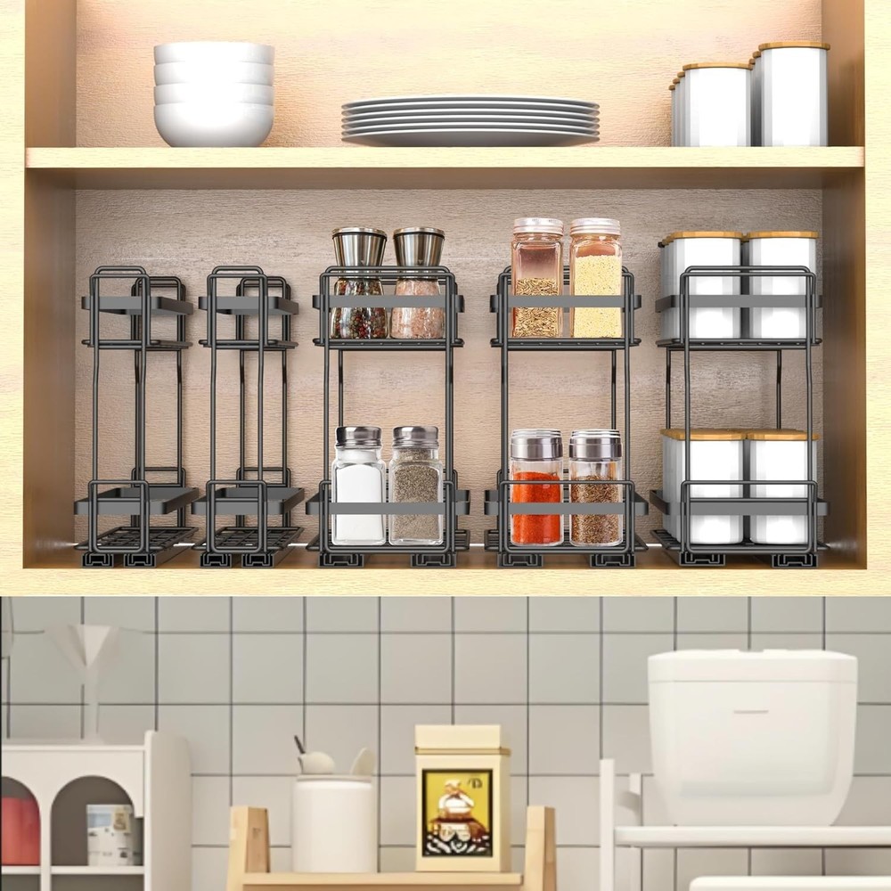 Pull Out Spice Rack Organizer for Inside Kitchen Cabinets, 2 Tier Metal Slide Ou
