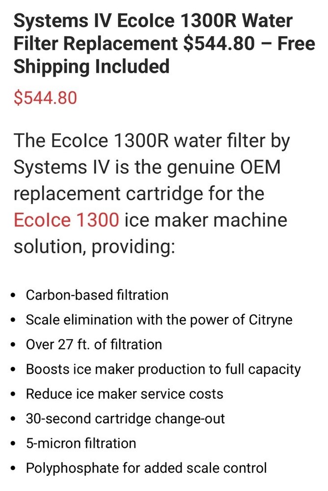 Systems IV Eco ice 1300r Ice Machine Filter Authentic OEM Unopened Box