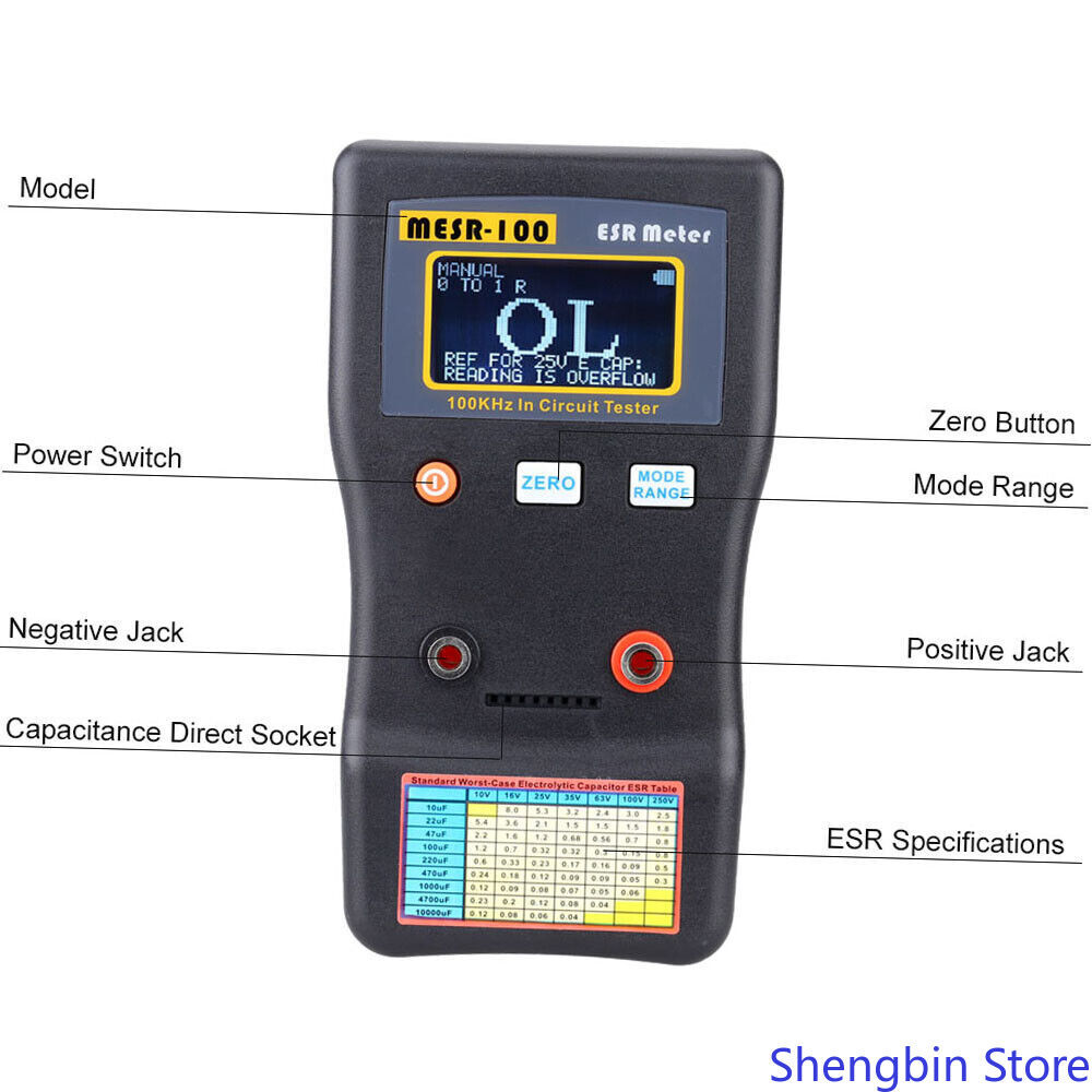 MESR-100 Digital Capacitance ESR Meter Capacitance Circuit Test + Test Clip