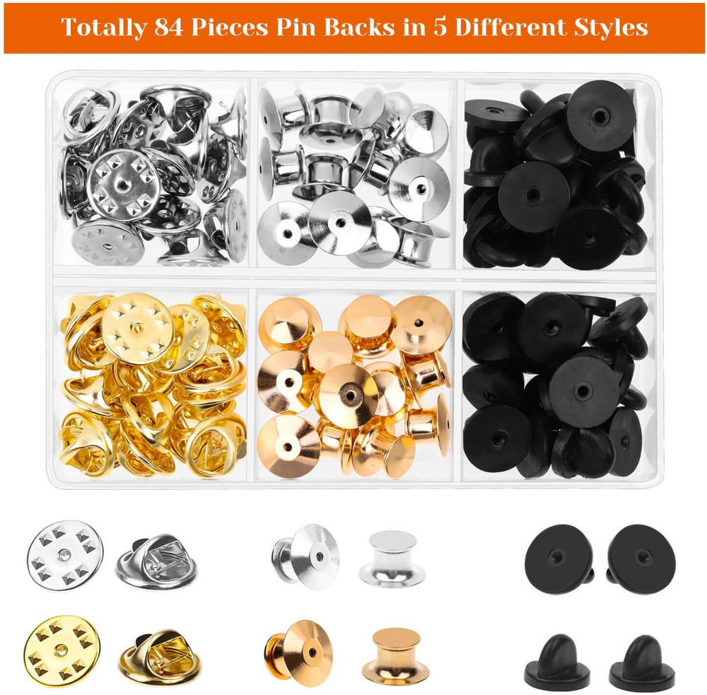 84Pcs Locking Pin Backs Set for Enamel, Brooch, Lapel, Hat Pins Assorted Styles