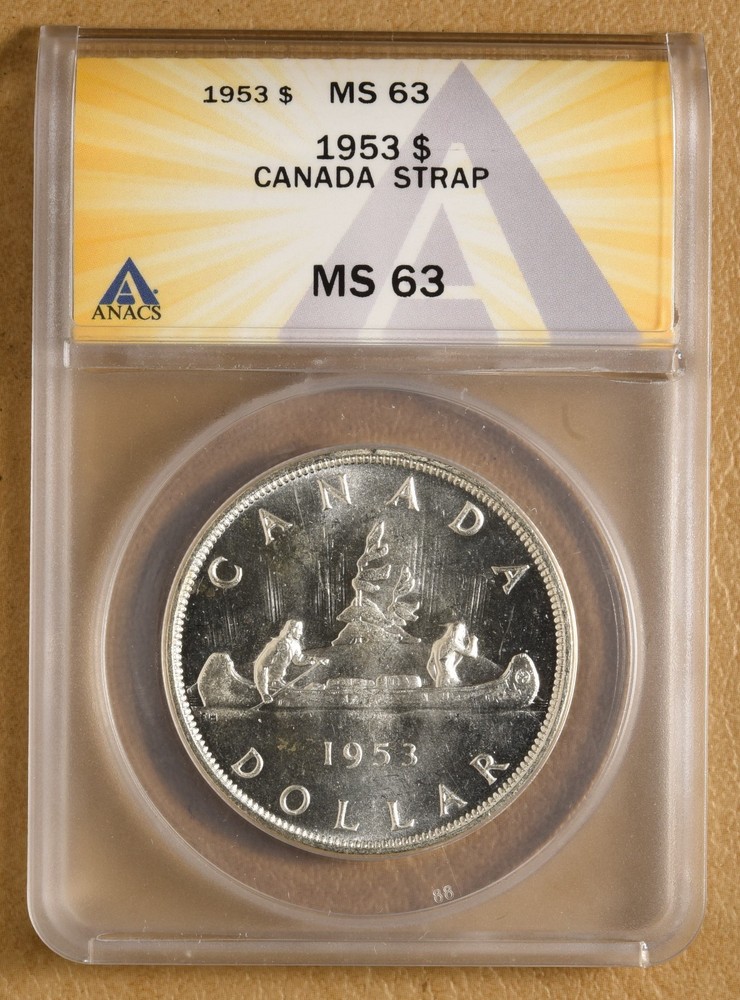1953 Canada Silver Dollar with Strap ANACS MS63