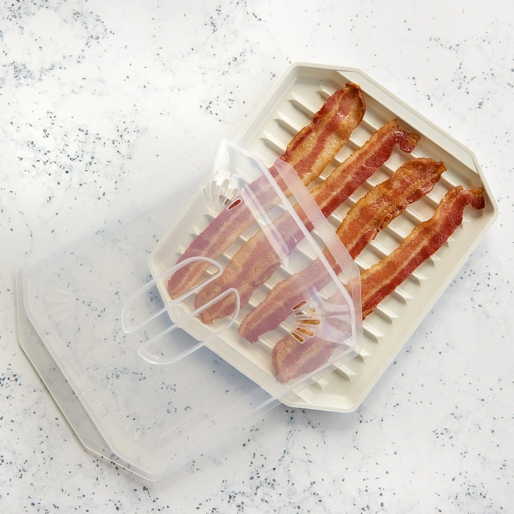 Nordic Ware Microwave Safe Covered Plastic Bacon Rack with Lid,  White, 2 Pieces