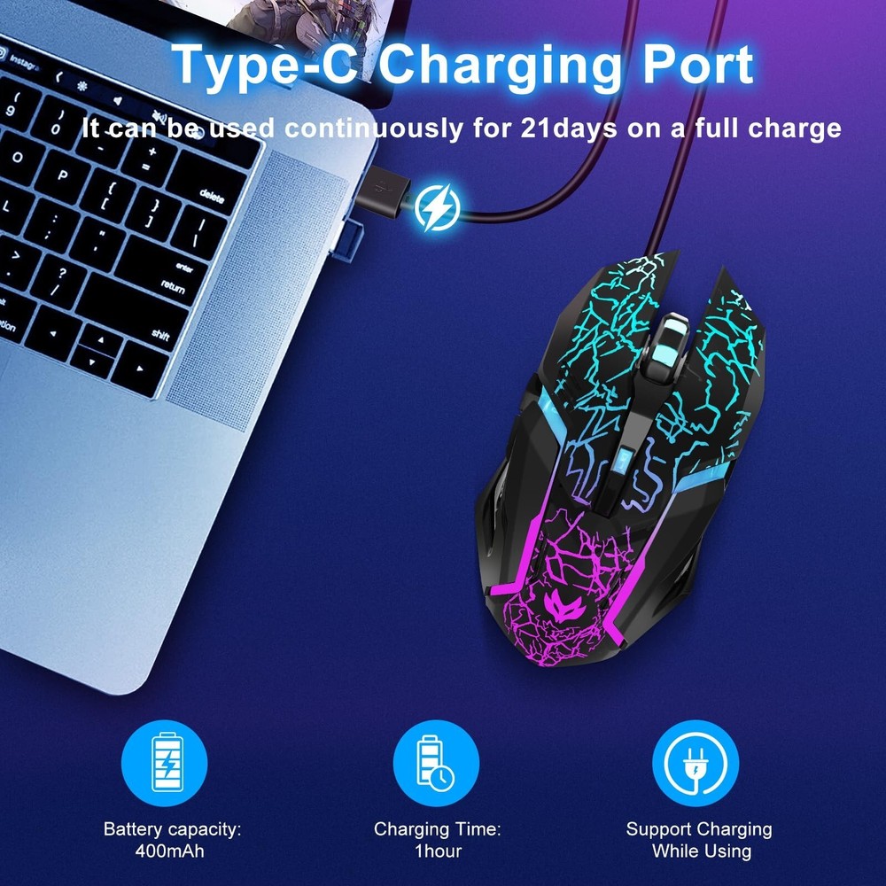 Wireless Gaming Mouse, Rechargeable Wireless Computer Mouse with Type-C Fast ...