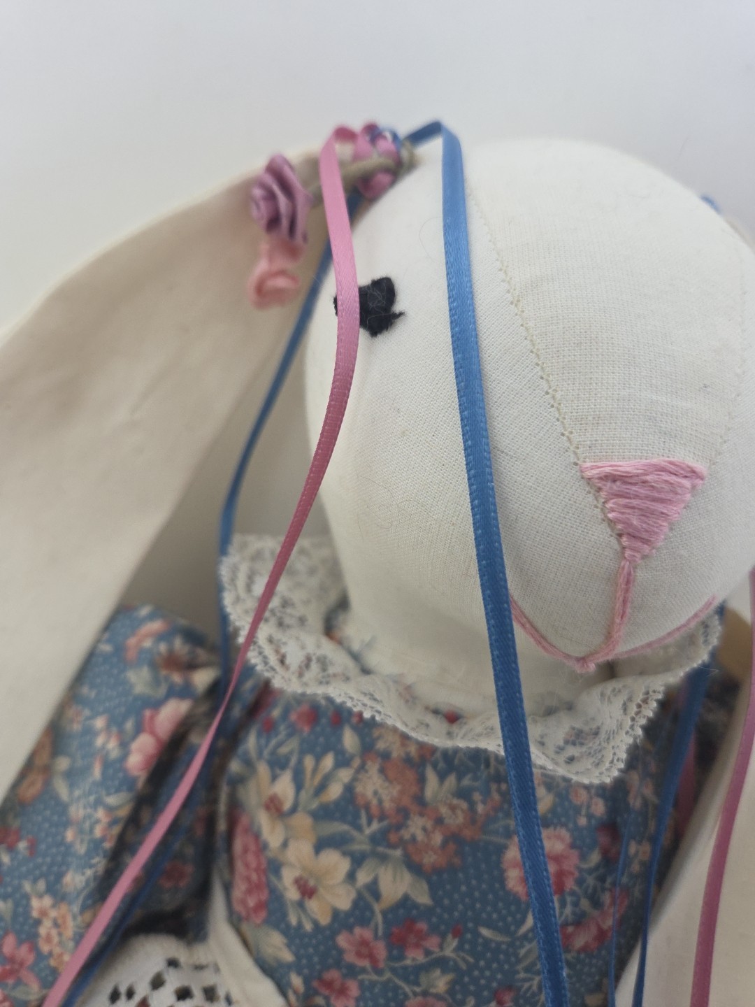 Vintage Handmade 19” Easter Bunny Rabbit Doll Flowers Floral Lace Dress & Apron