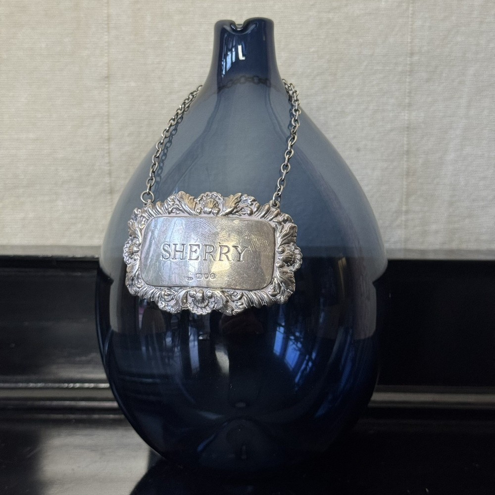 Hallmarked Sterling Silver SHERRY Decanter Label, 1978, London, Shell Pattern