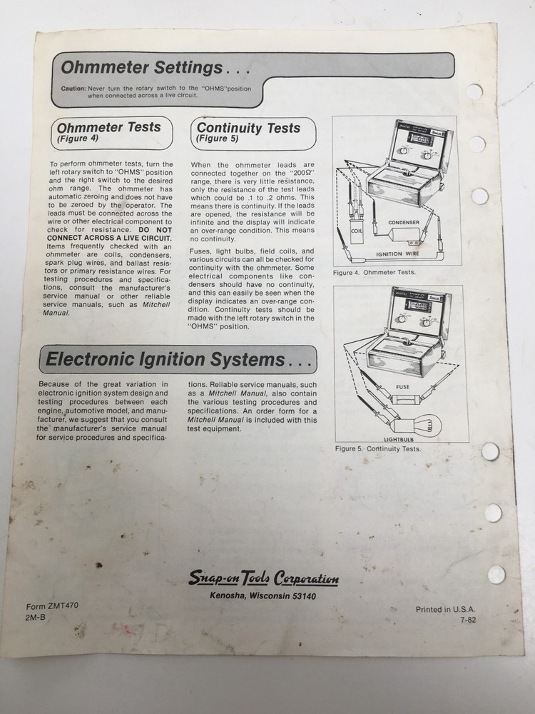 Vintage Snap-On MT470 Digital Volt/Ohm Meter Instructions Manual