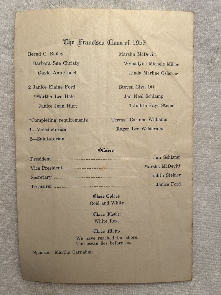 1965 Francisco High School Commencement Program IN With Class Roll Only 14 Grads