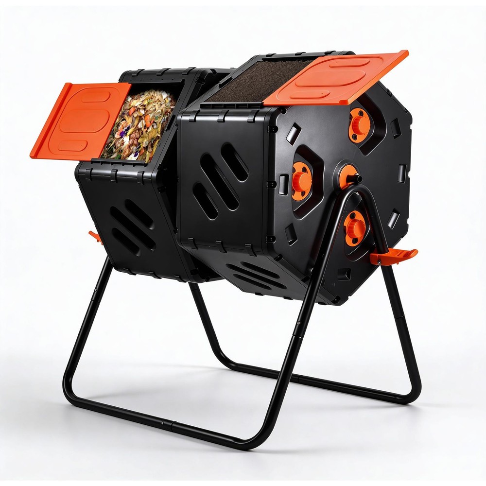45gal Outdoor Compost Tumbler Rotating Compost Bin 2 Chambers w/ Handle