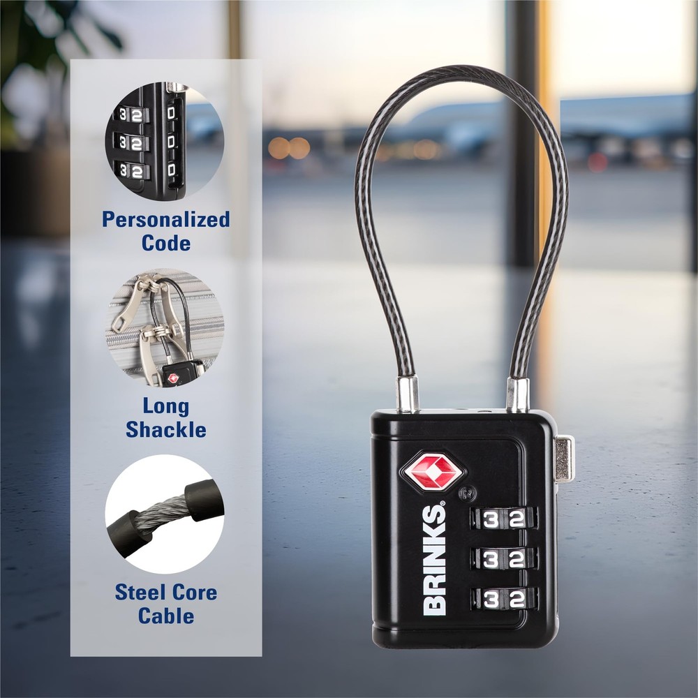 Brinks TSA Accepted Indicator Luggage Lock, Black Resettable 3Dial Combinati...