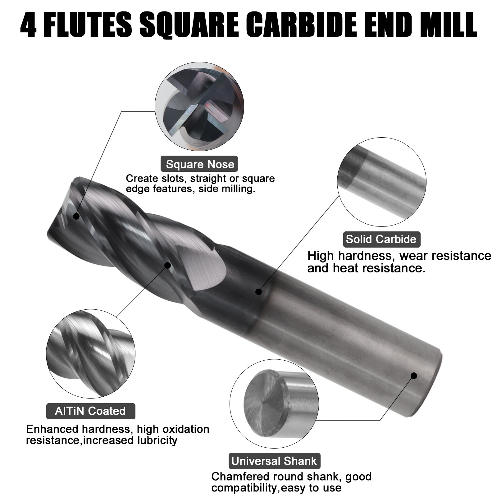2 PCS 3/4" 4 Flute Solid Carbide 1-1/2" Overall Length End Mill - AlTiN Coated