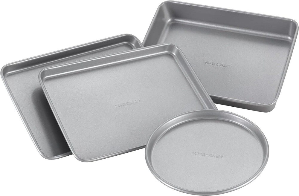 Farberware Bakeware Steel Nonstick Toaster Oven Pan Set, 4-Piece Baking Set, Gra