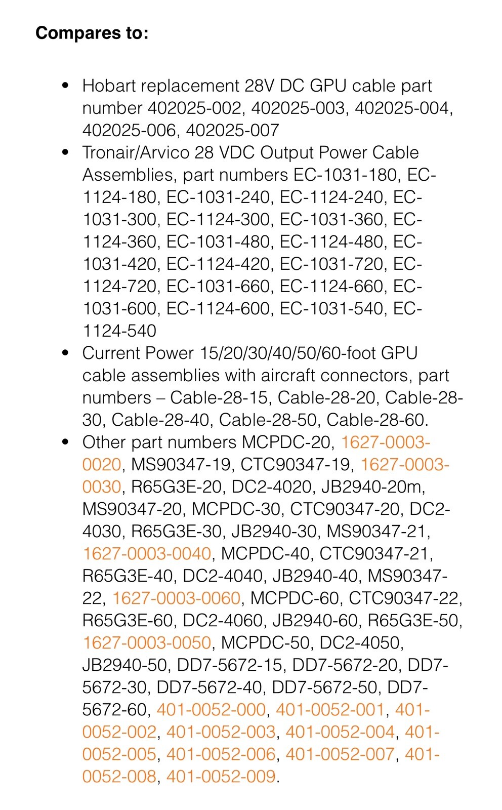 ANDERSON 28V DC Ground Power Unit Output Cable Assembly (20 ft. length) Military