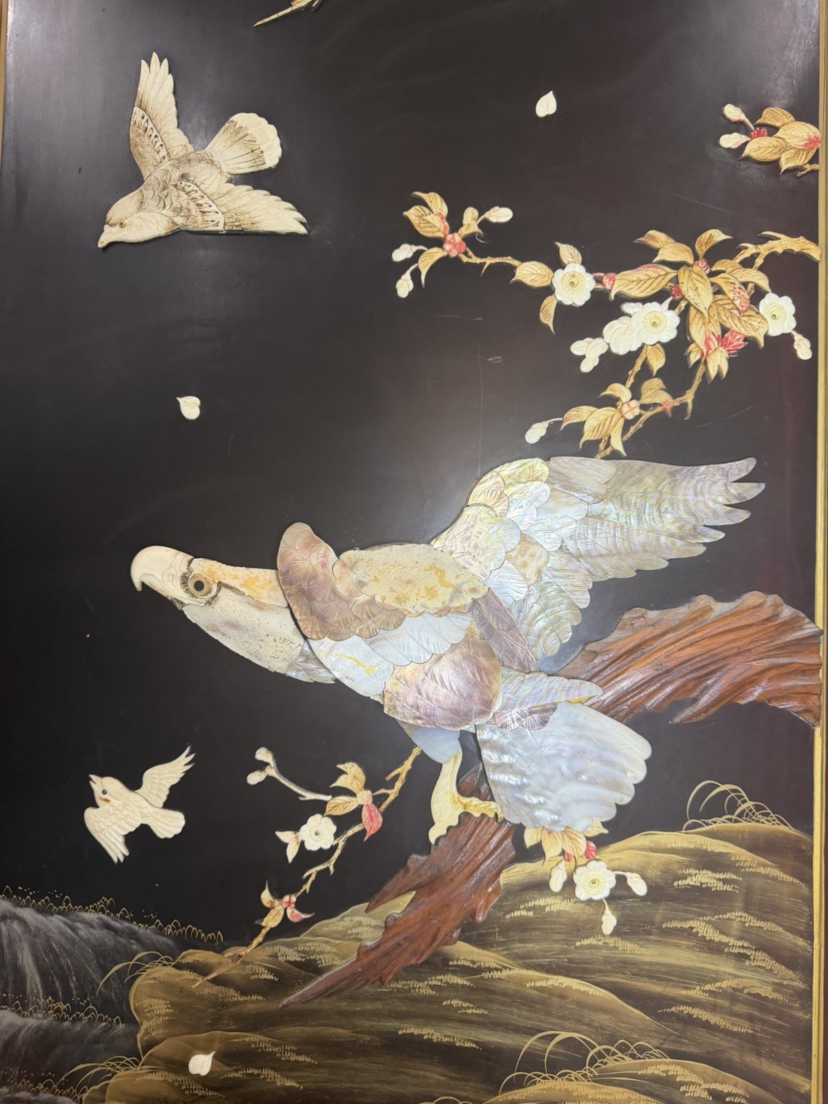 Asian Style Hand Painted Carved Wood Room Divider Birds & Flowers