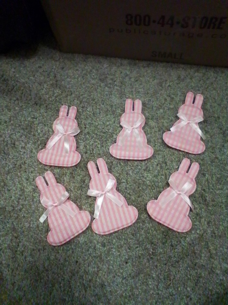 6 Easter Bunny Rabbits Felt & Gingham Fabric W/Bow  Crafts Docoration