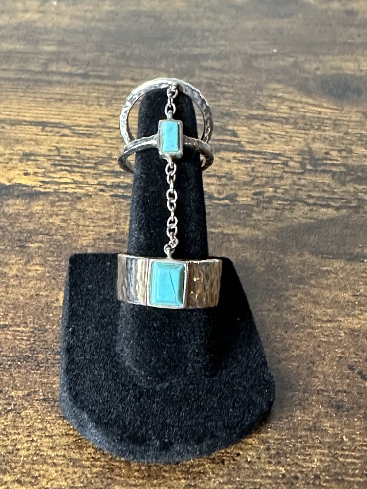BARSE Sterling Silver Hammered Band Turquoise Rectangle Charm Stacking Ring Set