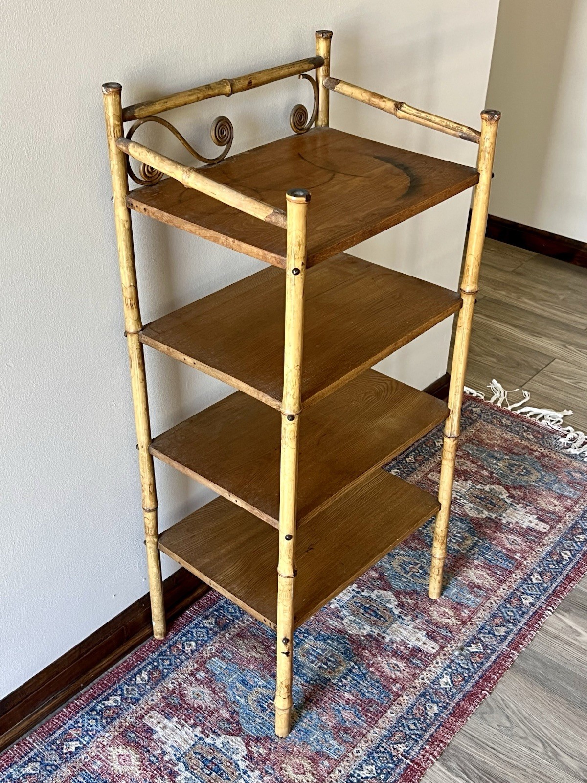 Antique Bamboo & Oak Etagere Curio Plant Fern Stand Book Shelf