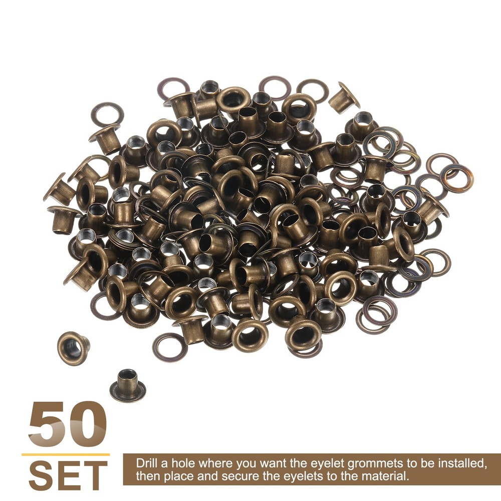 50Set Grommets Eyelets Kit 3mm Brass Eyelets with Washers, Brown