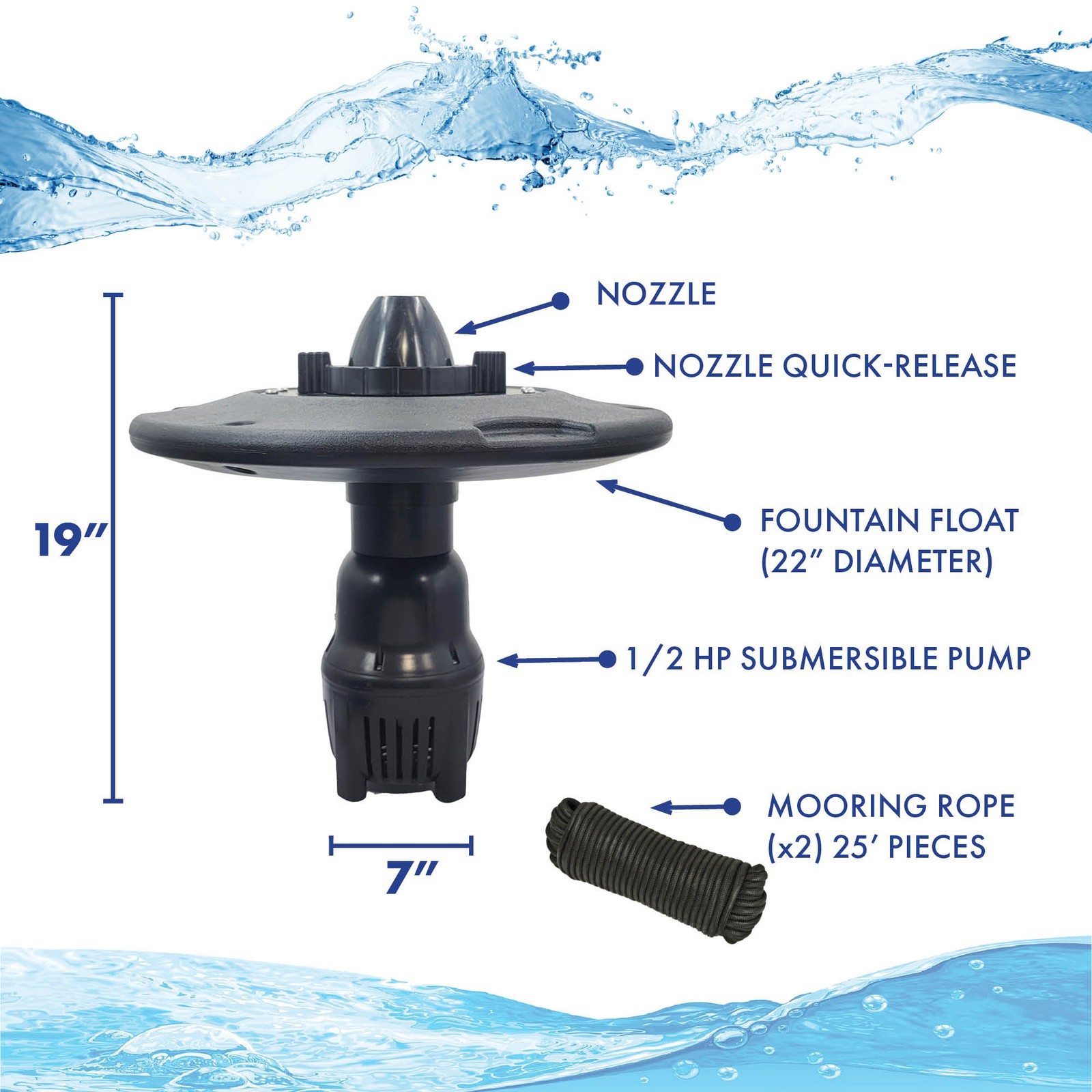 Aerating Pond Fountain, 1/2 HP, 5,000 GPH, 3 Patterns, 100' Cord