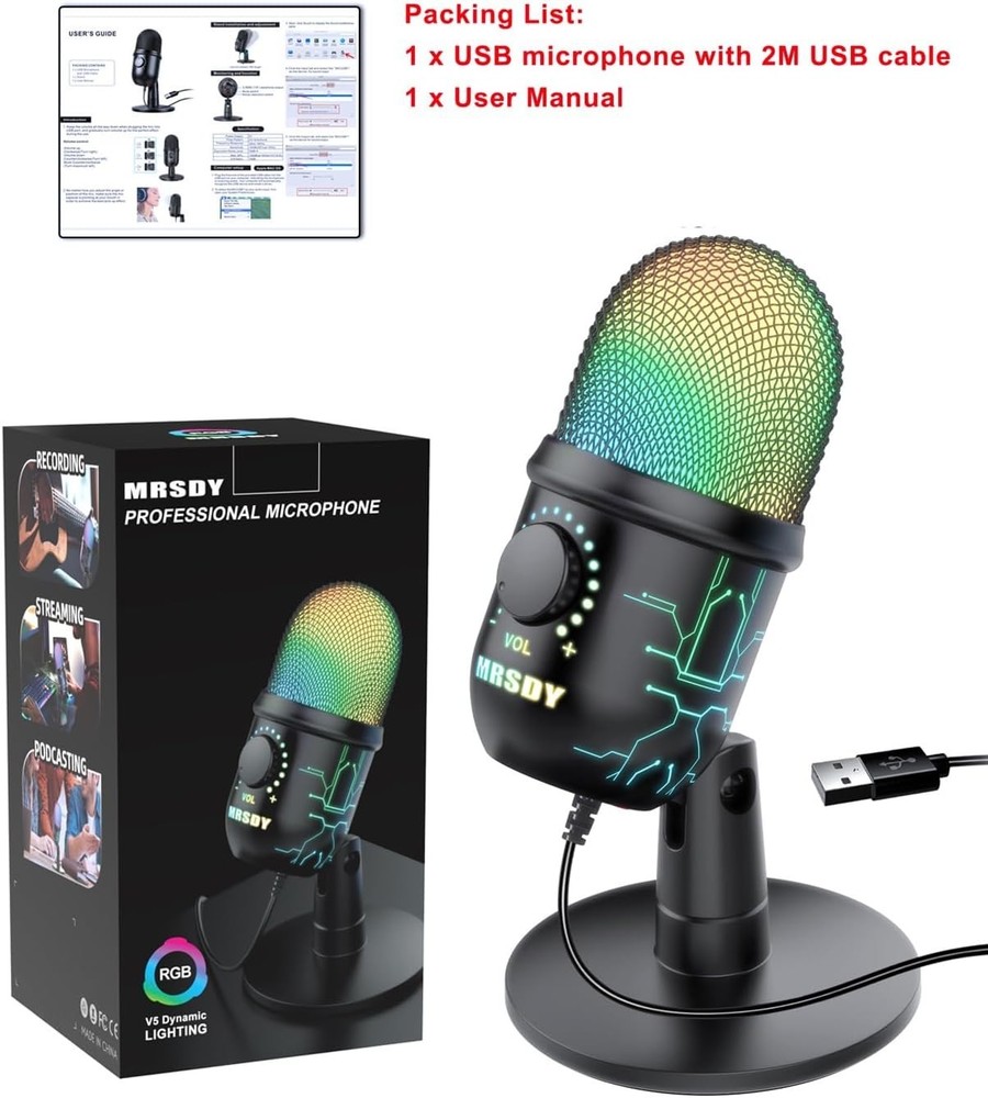 Professional USB Gaming Microphone with Volume Control & RGB Lighting Effects