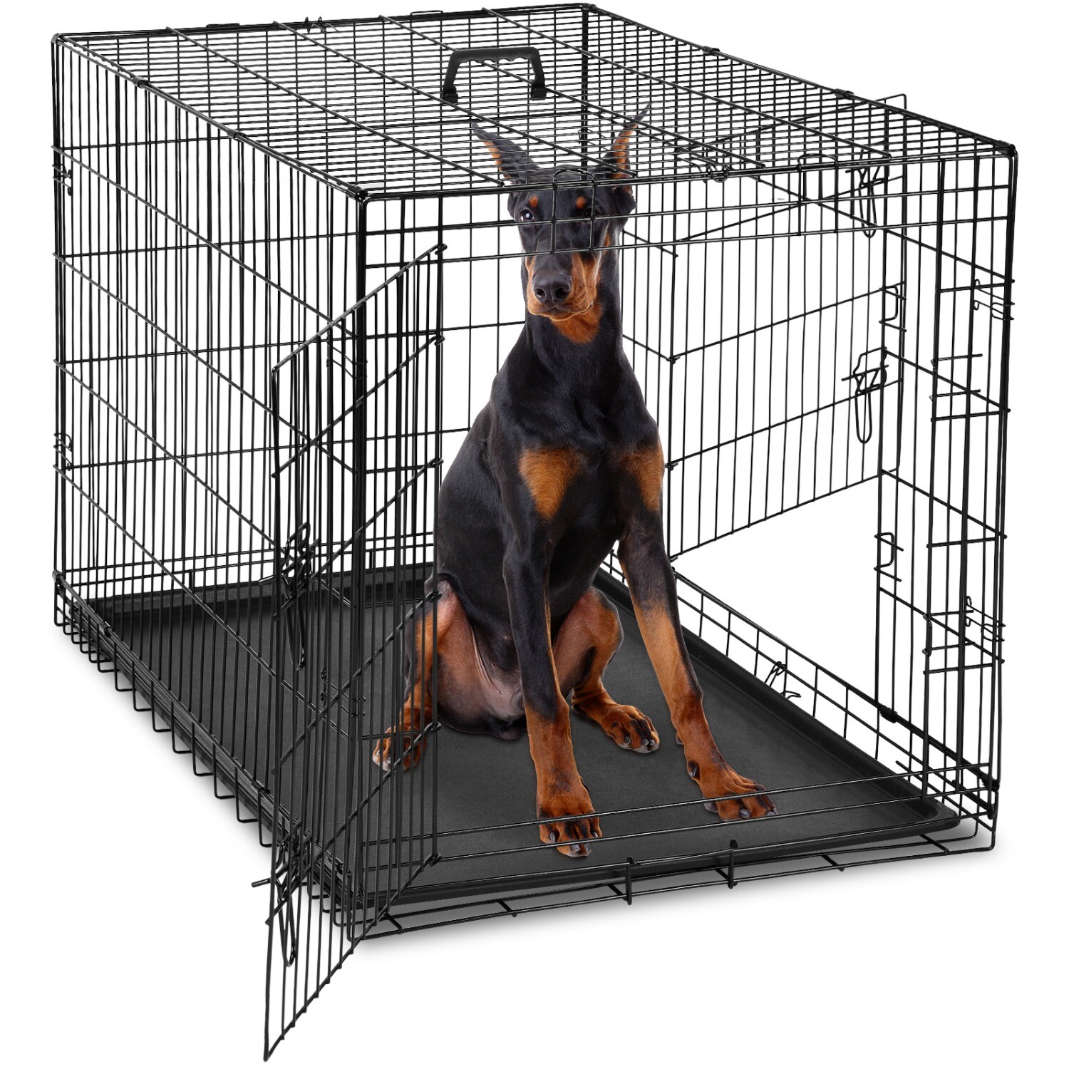 Foldable Metal Wire Dog Crate, Double Door,with Divider Panel & Plastic Pan Tray