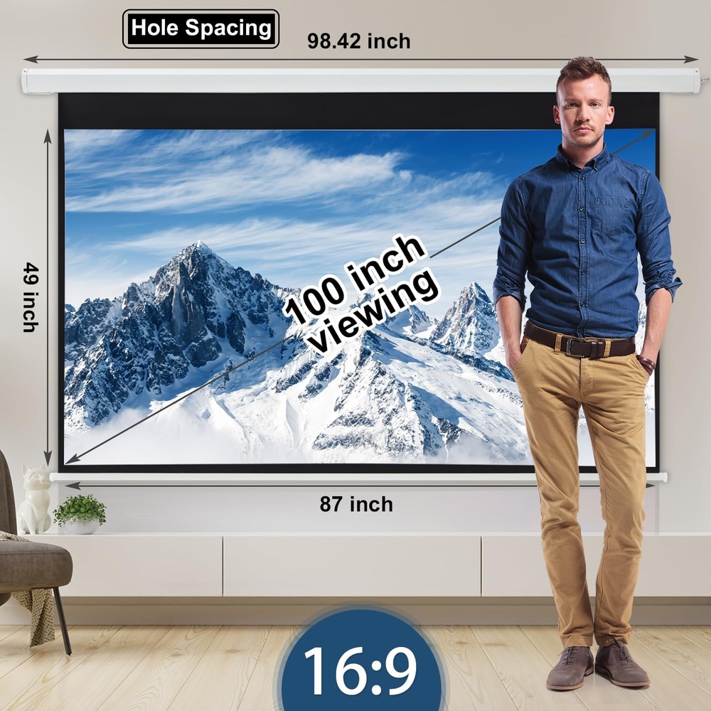 Projector Screen Motorized 100" 16:9, 4K 3D HD Electric Projector Screen Wall Mo
