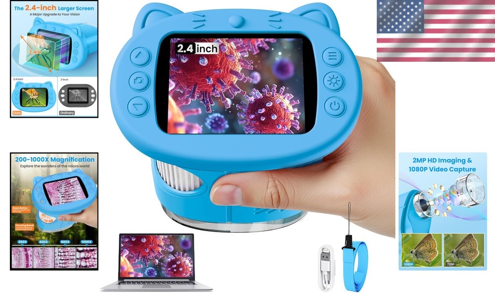 Blue 2.4" Kids Microscope - Digital Camera, 1000X Magnification, Fun Learning