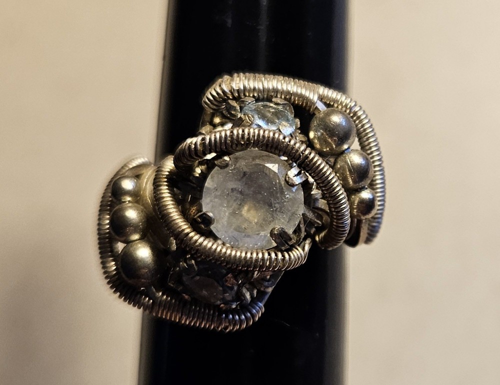 Handmade Orion Design Wire Wrapped Ring Featuring White And Blue Topaz
