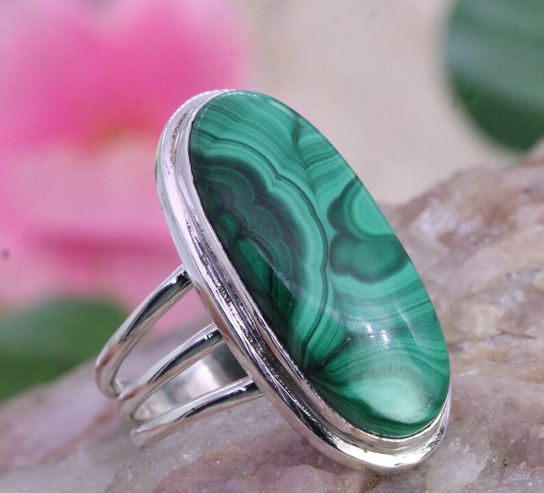 Solid 925 Sterling Silver Natural Malachite Oval Gemstone Statement Band Ring
