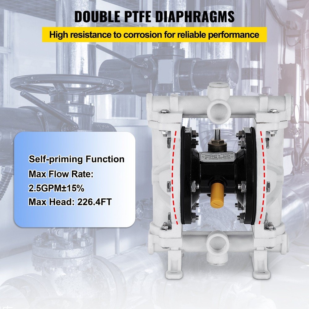 2.5GPM 80PSI Air-Driven Double Diaphragm Pump PP Construction PTFE