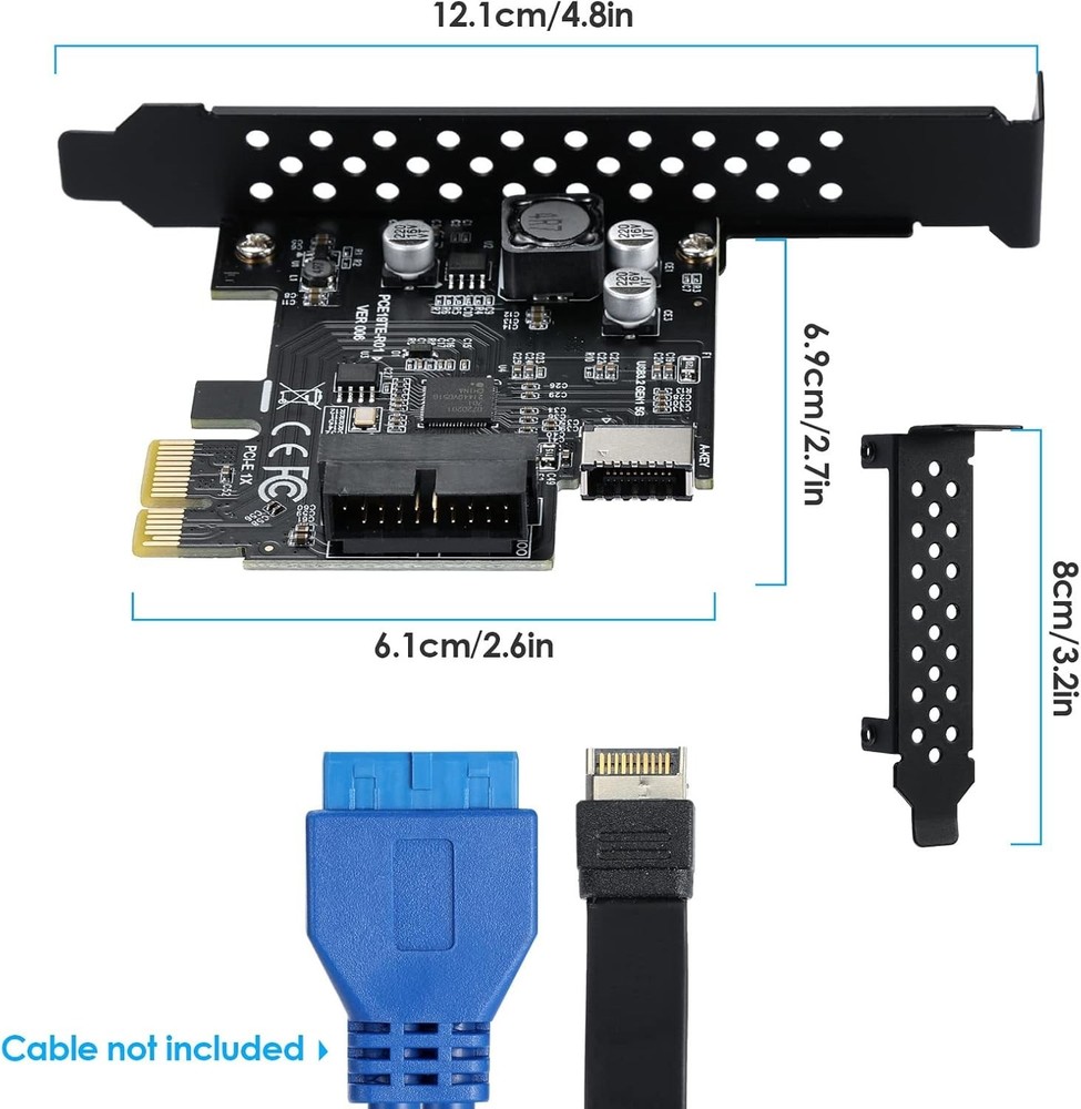 PCI-E 1X to USB 3.2 5Gbps 20pin Front Panel Header to Type-c Front Panel Head...