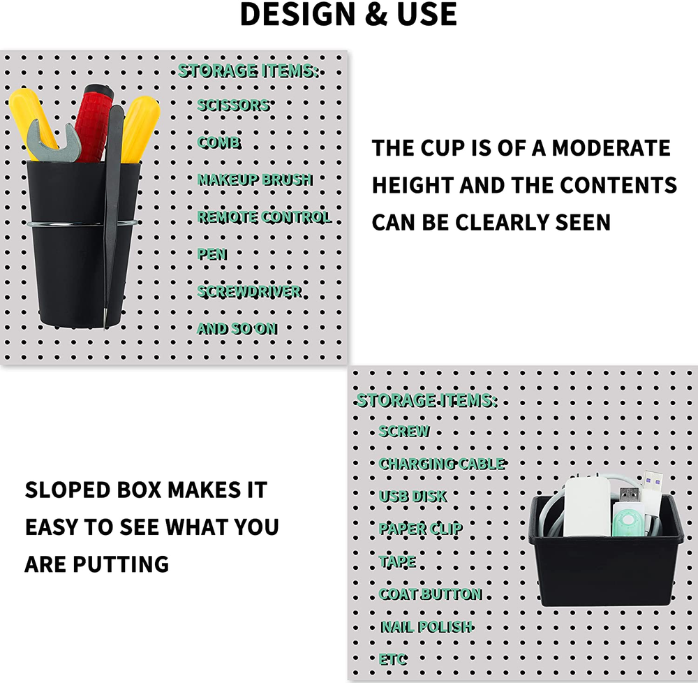 Bins Pegboard Cups Holder with Hooks Accessories Organizer Tools Storage 6 Set
