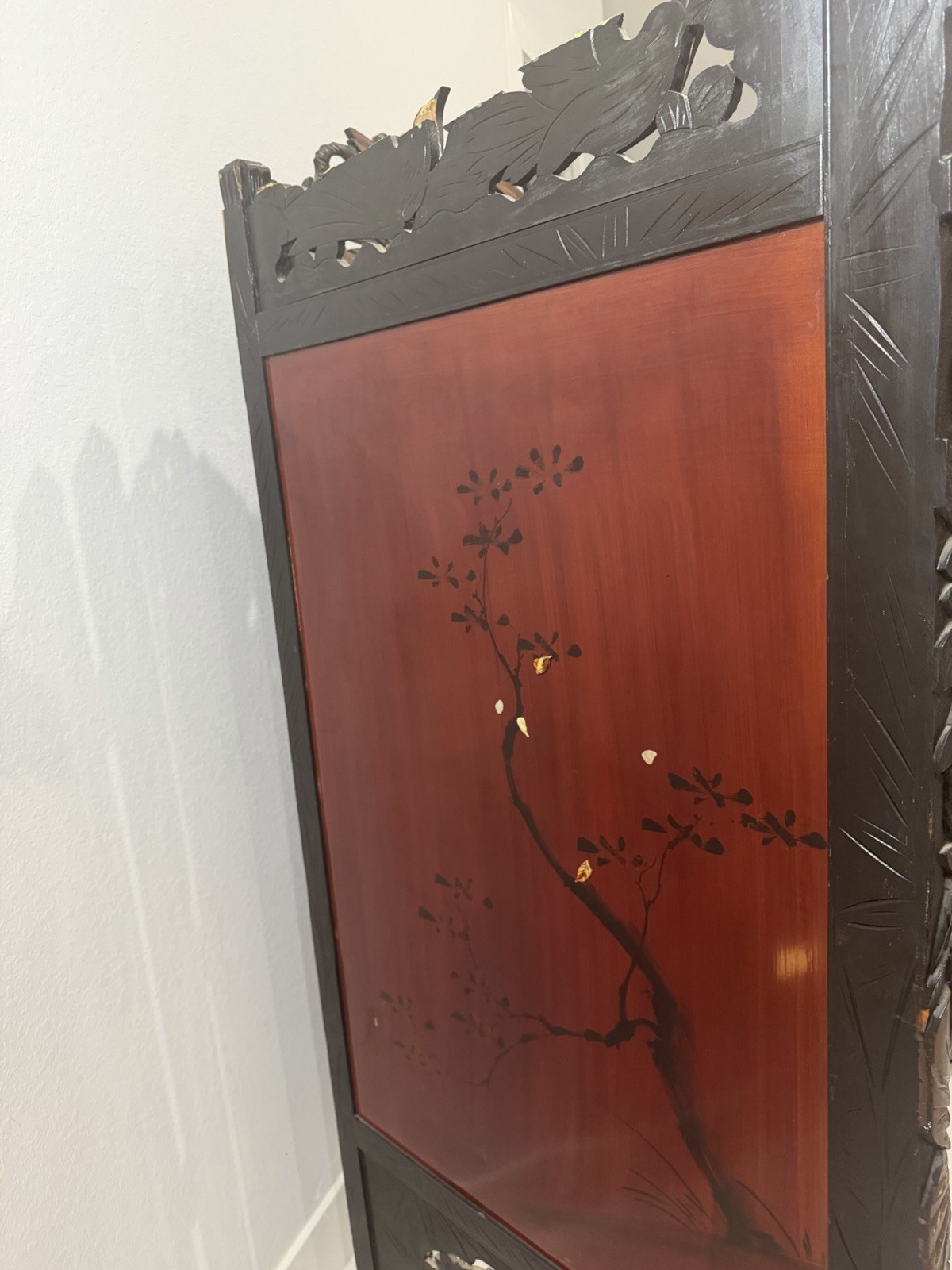 Asian Style Hand Painted Carved Wood Room Divider Birds & Flowers