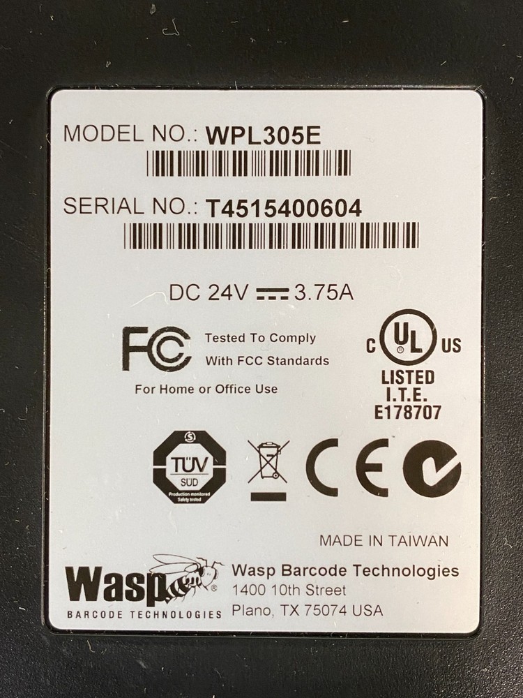 Wasp Barcode Tech WPL305E Thermal Label Printer w/ Adapter & Cord (Open Box)