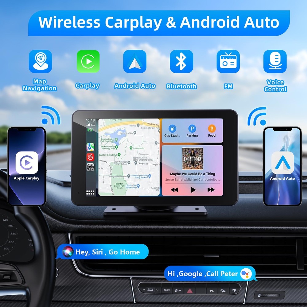 Wireless Carplay and Android Auto Screen for Car, 7" HD Portable Touch Screen...