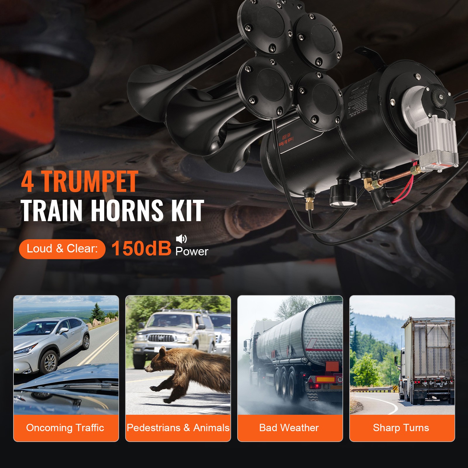 Train Horns Kit 4 Trumpet Air Horn Kit 120psi Air Compressor 0.8 Gal Tank Truck