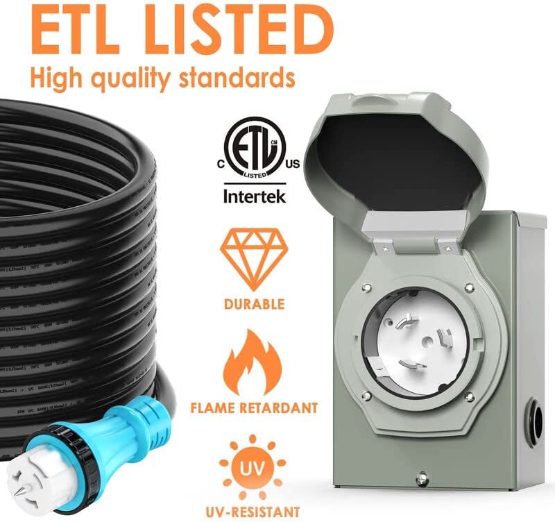 50 Amp 25FT Generator Power Cord and Waterproof Power Inlet Box 14-50P to CS6364