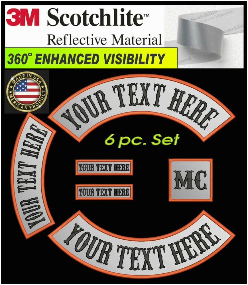 13" REFLECTIVE 6 PC SET CUSTOM EMBROIDERED ROCKER PATCH 3M® MOTORCYCLE BIKER CUT