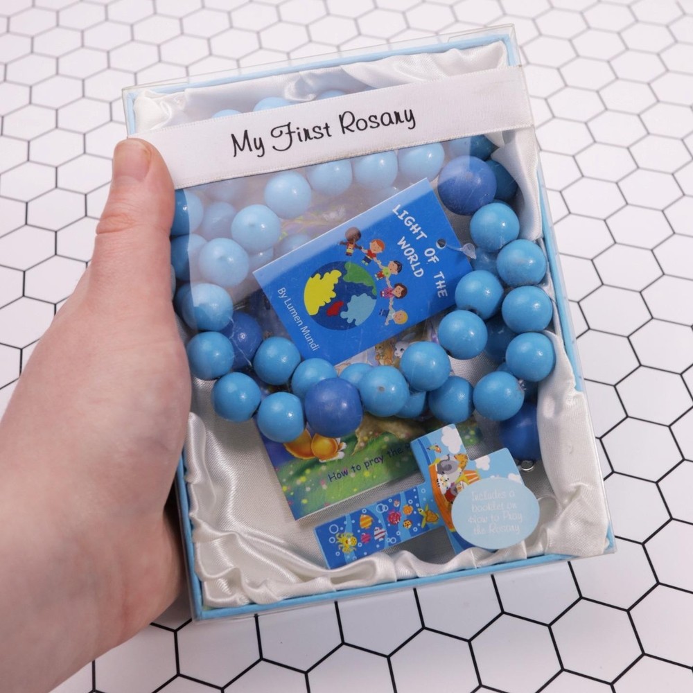 My First Rosary Set for Baby – Blue Beads with Booklet, Catholic Gift Boxed