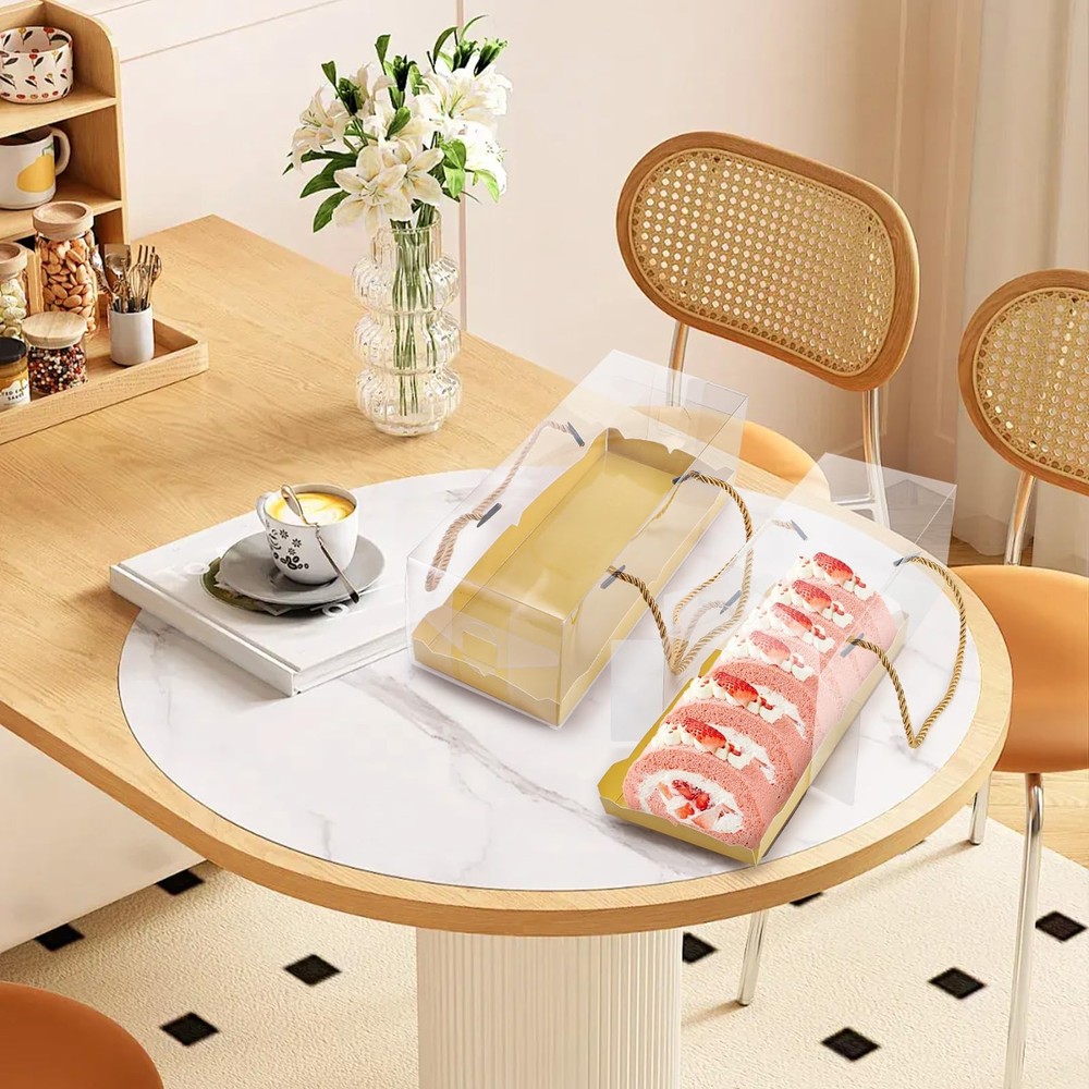 20 Pack Clear Roll Cake Boxes with Portable Handles, Rectangle Bakery Cake Bo...
