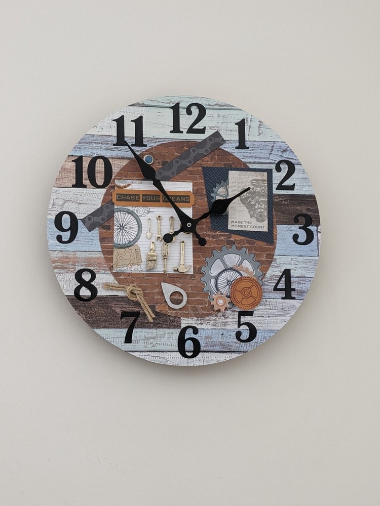 Wall Clock quartz movement Hand crafted 'Tools Workshop'