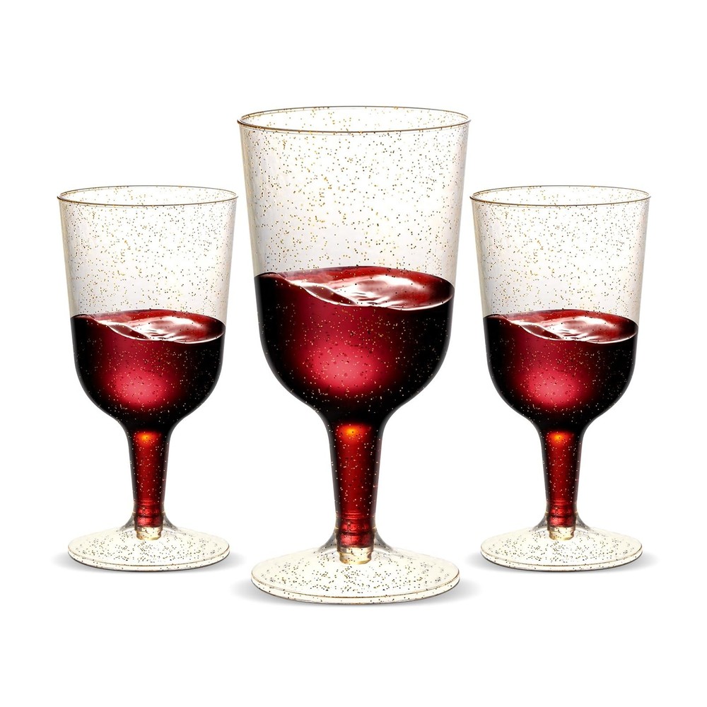 30 Pack 6oz Plastic Wine Glasses – Disposable Gold Glitter Mini Stemware w