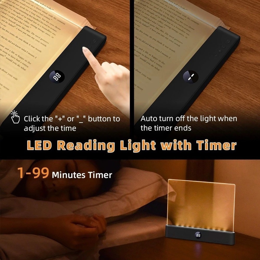 Book Light, 3 Color Adjustable LED Flat Reading Light, Rechargeable Clear Panel